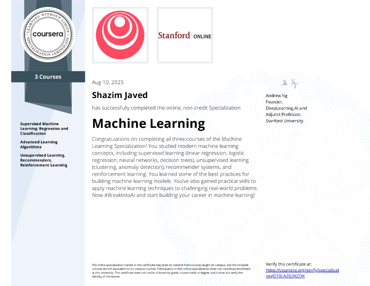 Machine Learning Certificate